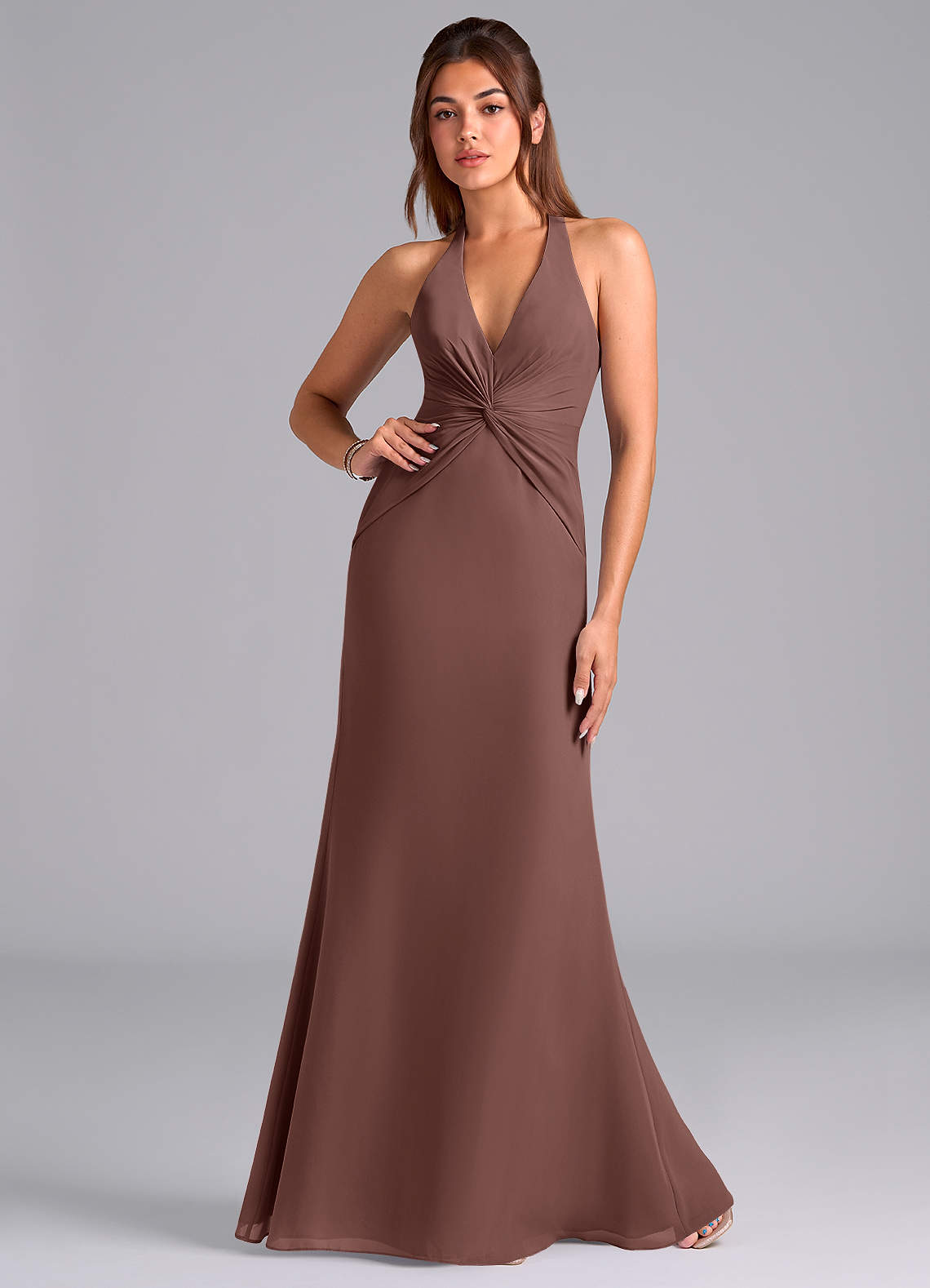 Azazie Valerie Bridesmaid Dresses Espresso Mermaid Pleated Chiffon Dress image1