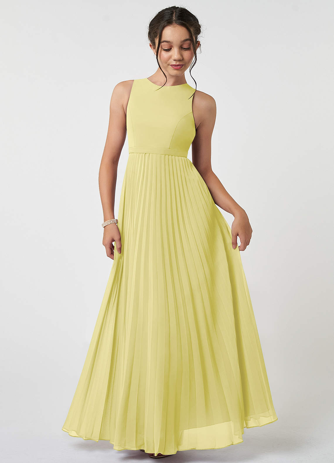 Azazie Lindie Junior Lemon Sorbet A-Line Pleated Chiffon Dress image1