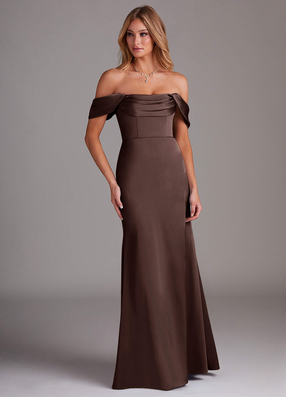 Azazie Saige Bridesmaid Dresses Ganache Sheath Off the Shoulder Stretch Satin Dress image3