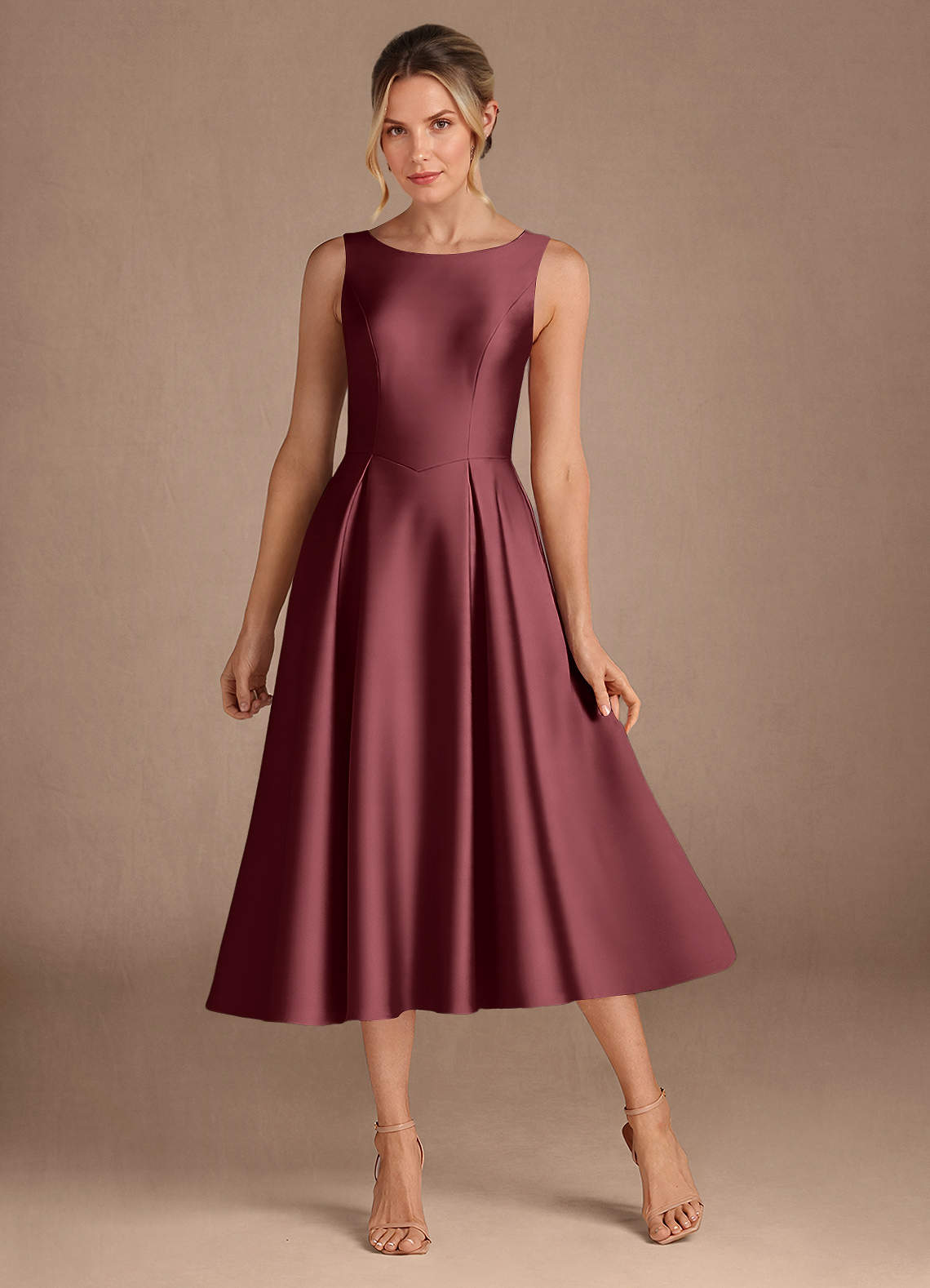 Azazie Fulton Mother of the Bride Dresses Merlot A-Line Pleated Stretch Satin Dress image1