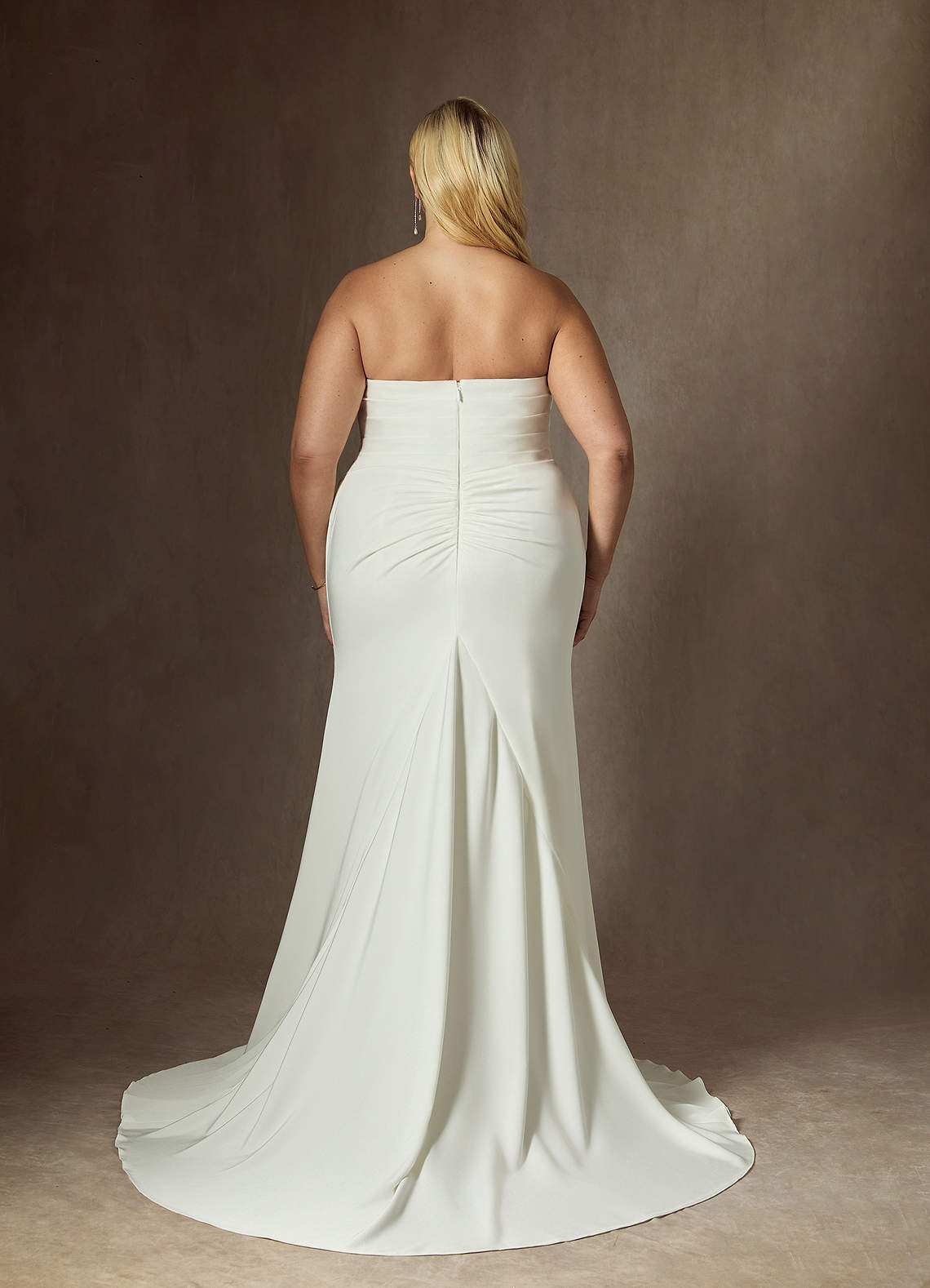Azazie Elyse At-home Try On Dresses Diamond White Mermaid Strapless Crepe Back Satin Dress image11