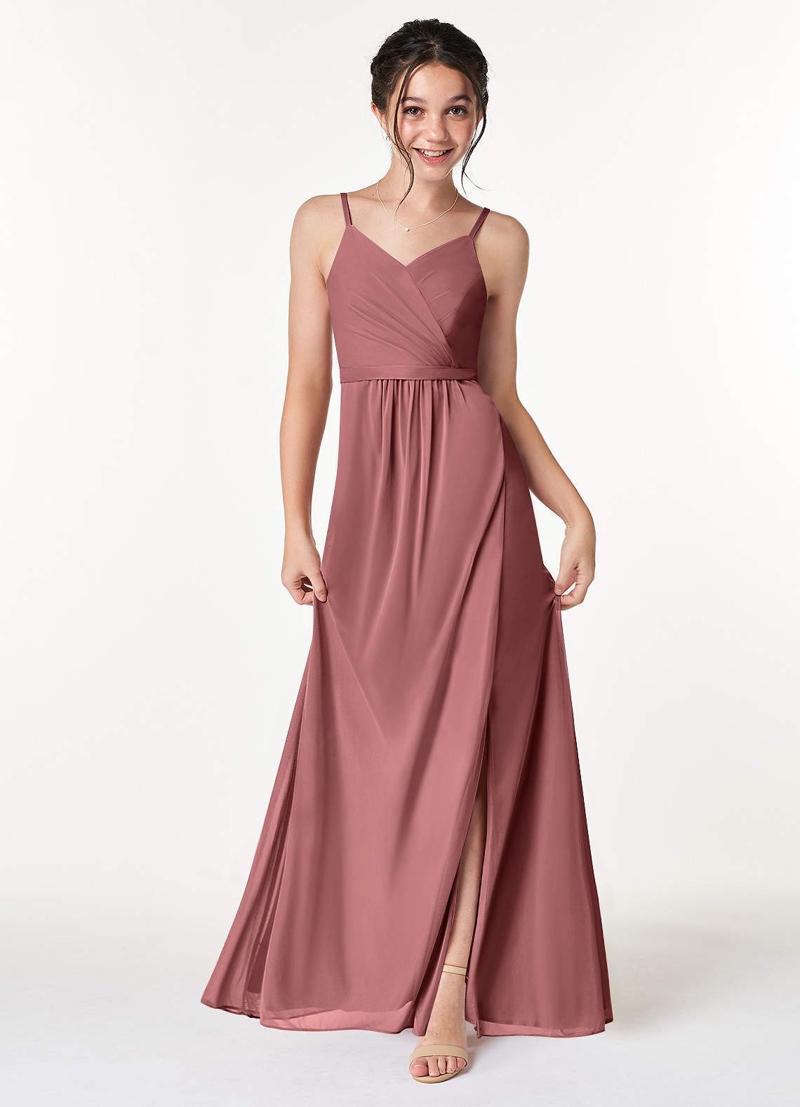 Azazie Luxy Junior Desert Rose Pleated Mesh Dress image1