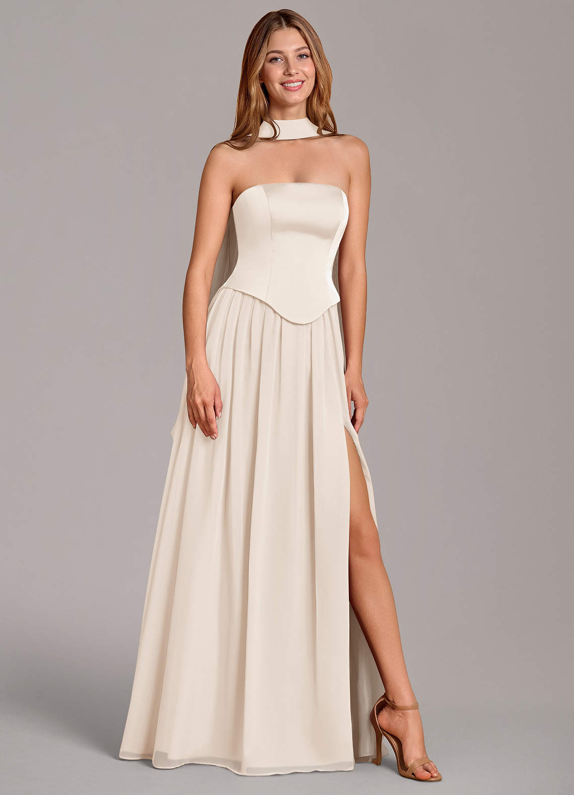 Azazie Cadence Jurken voor bruidsmeisjes Converteerbaar Jurk van Stretch Satijn met A-Lijn Korset Wit Albast image1