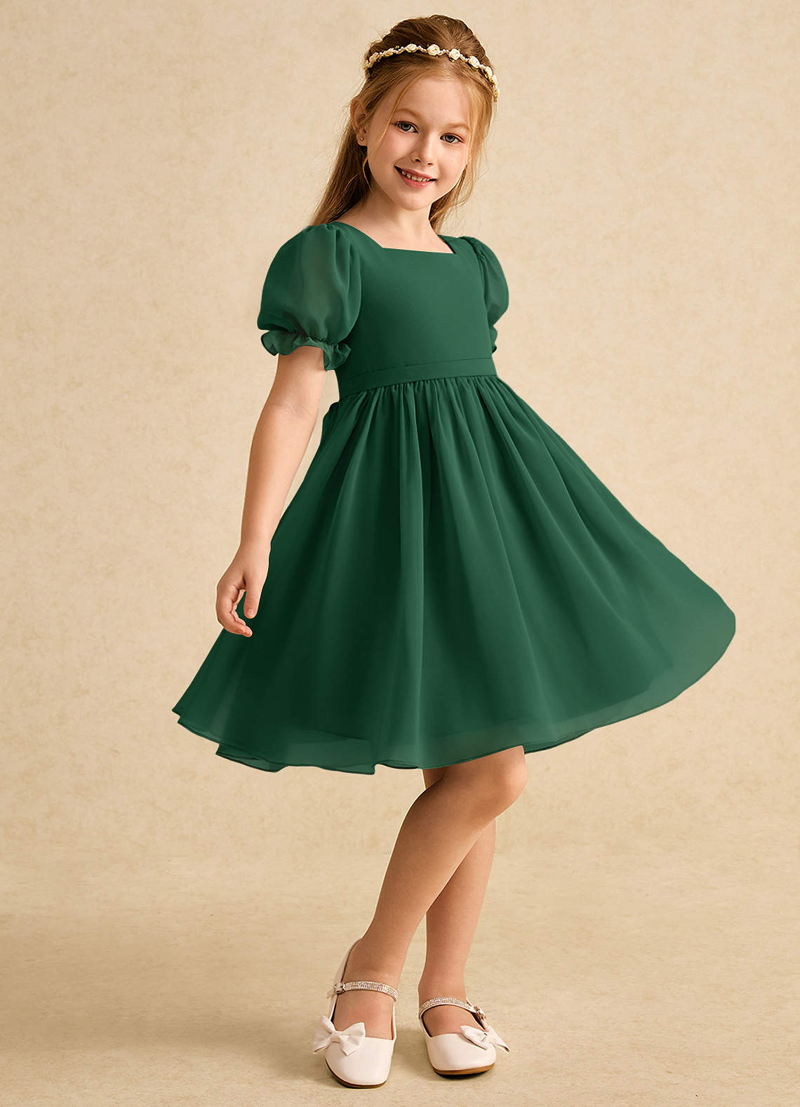Azazie Jolie Blumenmädchenkleider A-Linie mit ärmel Chiffon Kleid Dunkelgrün image1