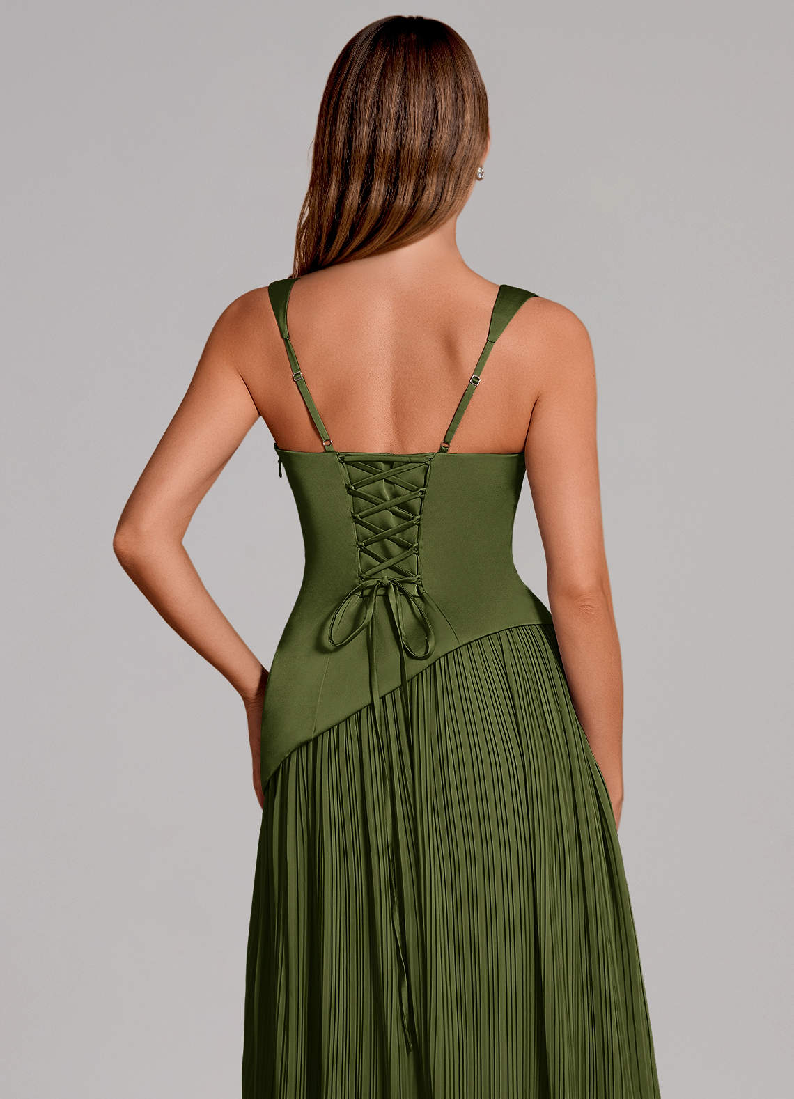 Azazie Stephanie Vestidos de madrinha de casamento Vestido Oliva de Cetim elástico de Linha A com Plissado image1