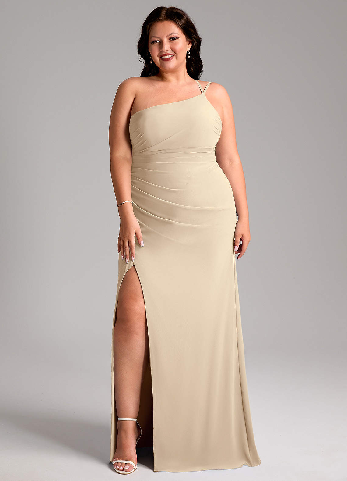 Azazie Eren Jurken voor bruidsmeisjes Jurk van Chiffon met Kolom One-Shoulder Champagne image9