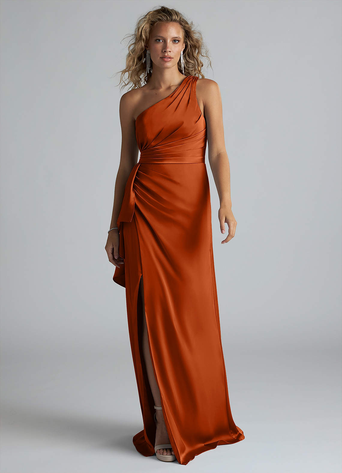 Azazie Maive Bridesmaid Dresses Burnt Orange Sheath Ruched Stretch Satin Dress image1