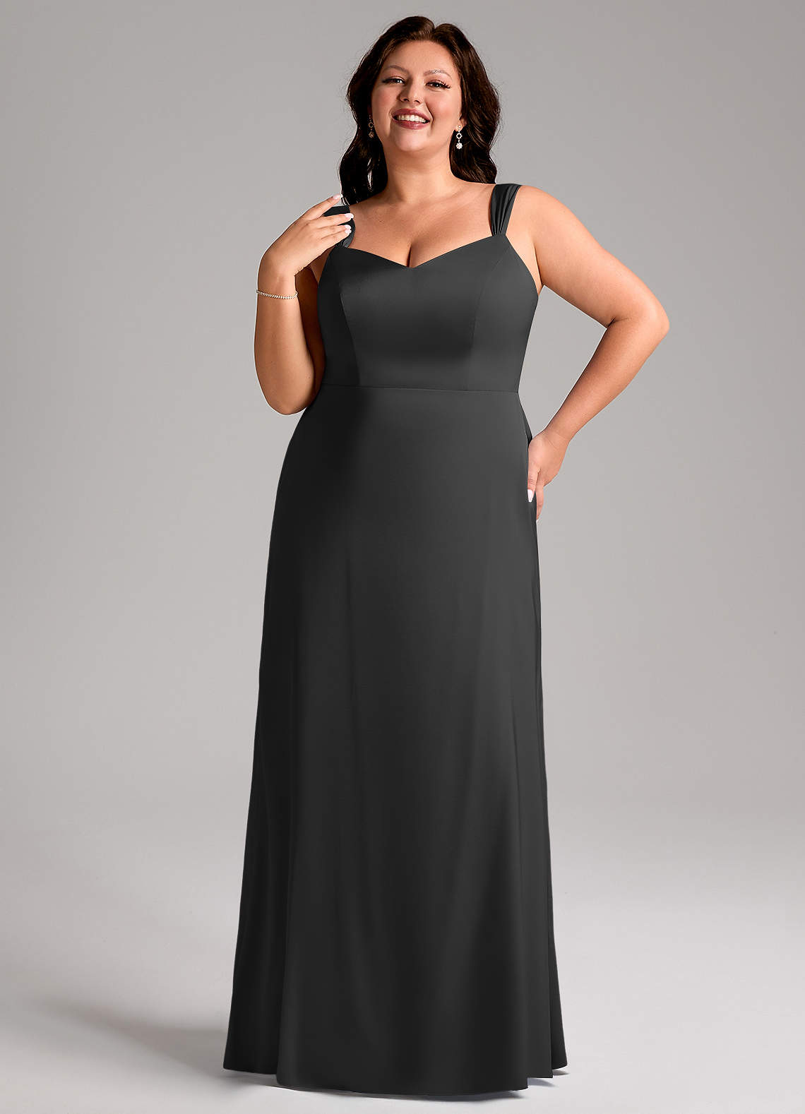 Azazie Denice At-home Try On Dresses Black Sheath Pleated Stretch Satin Dress image9