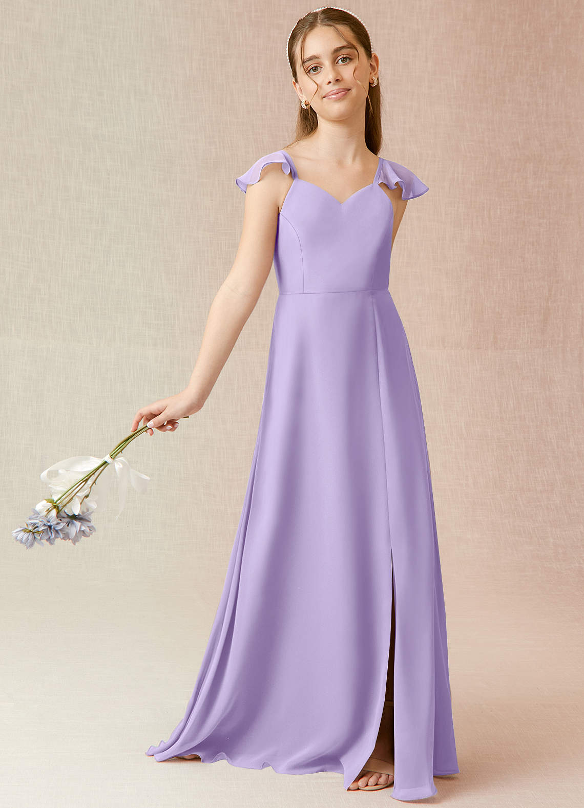 Lilac Lavender Junior Bridesmaid Dresses Azazie A-Line/Princess V-Neck  Floor-Length Chiffon Junior Bridesmaid Dresses Lilac