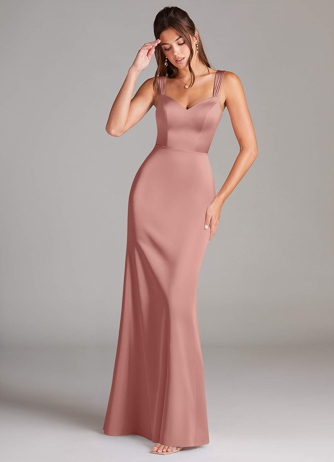 Azazie Denice Bridesmaid Dresses Rosette Sheath Pleated Stretch Satin Dress image1
