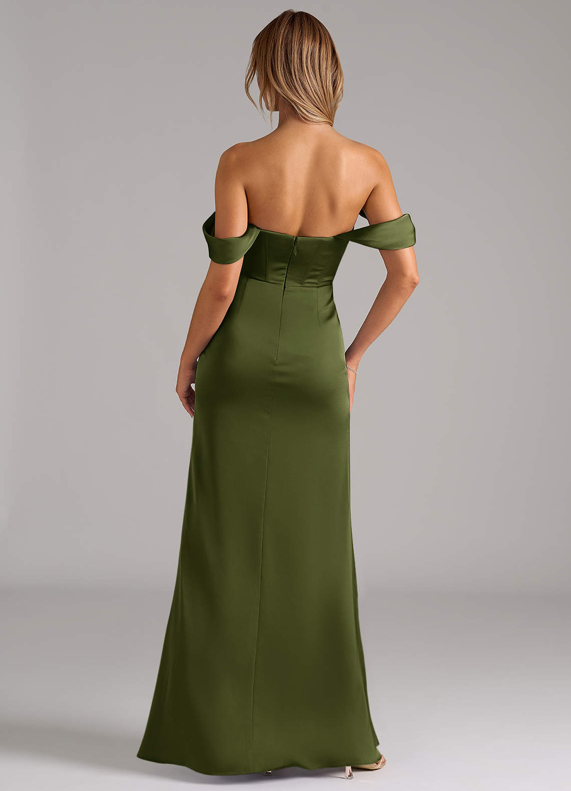 Azazie Johana Bridesmaid Dresses Olive Mermaid Off the Shoulder Stretch Satin Convertible Dress image3