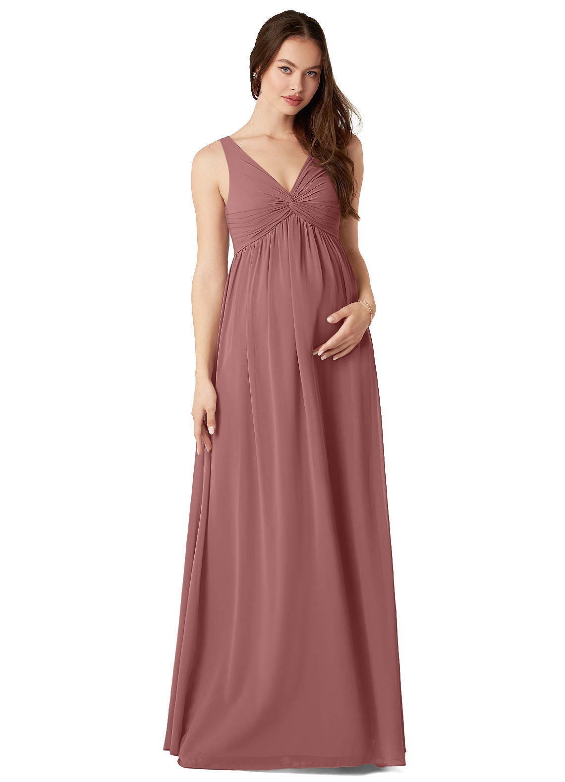 Azazie Yetta Maternity Bridesmaid Dresses A-Line V-Neck Gathered Chiffon Floor-Length Dress image1