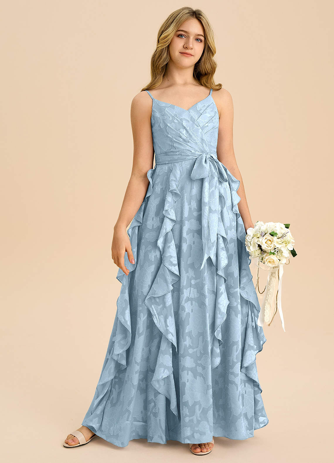 Azazie Peyton Junior Vestido de Azul Cielo de Devorado Floral de Corte en A con Plisado image5