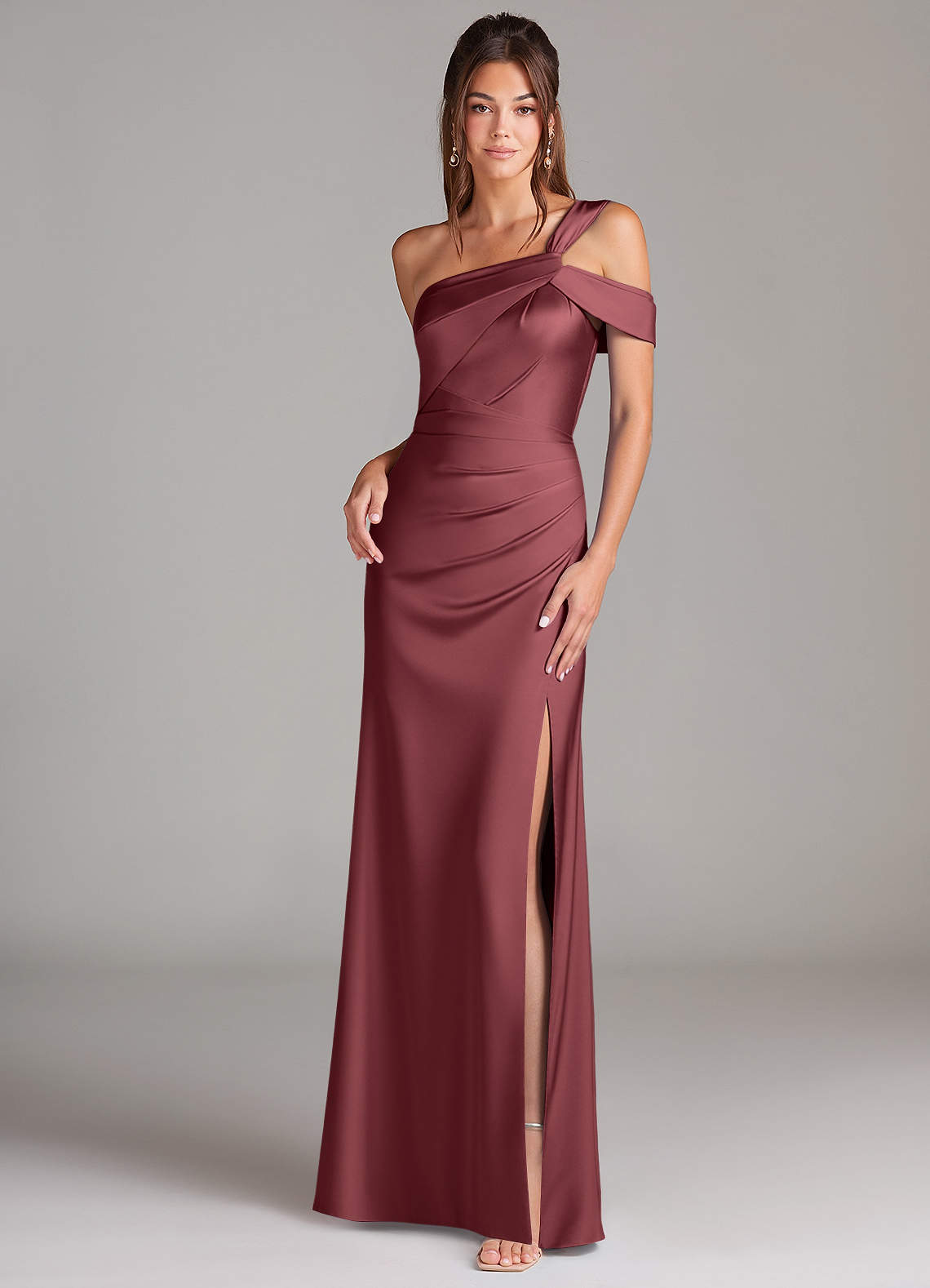 Azazie Wynter Bridesmaid Dresses Merlot Sheath Off the Shoulder Stretch Satin Dress image1