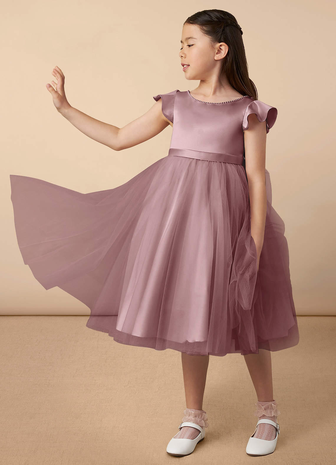 Azazie Aster Final Sale Dusty Rose A-Line with Sleeves Tulle Dress image1