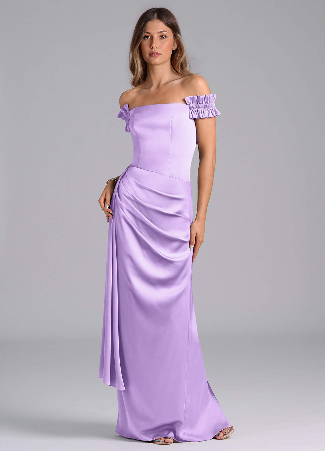 Azazie Kalysia Bridesmaid Dresses Lilac Mermaid Off the Shoulder Stretch Satin Convertible Dress image1