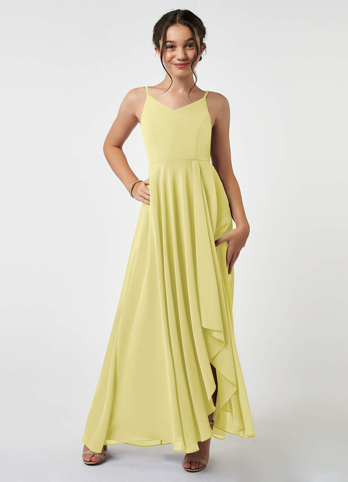 Azazie Collette Junior A-Linie Gestreift Chiffon Kleid Zitronensorbet image1