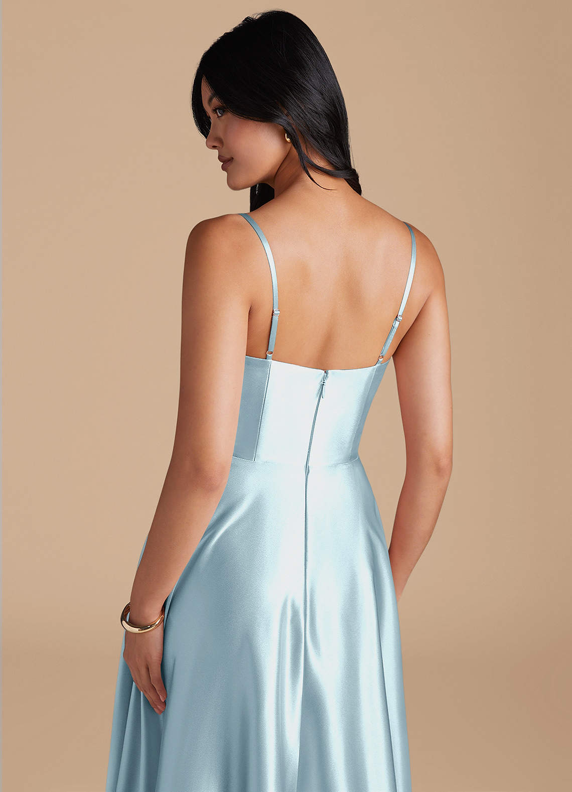 Azazie Elle Suknie dla druhen Linia A z kieszeniami Metaliczny satynowy Do ziemi Sukienka image3