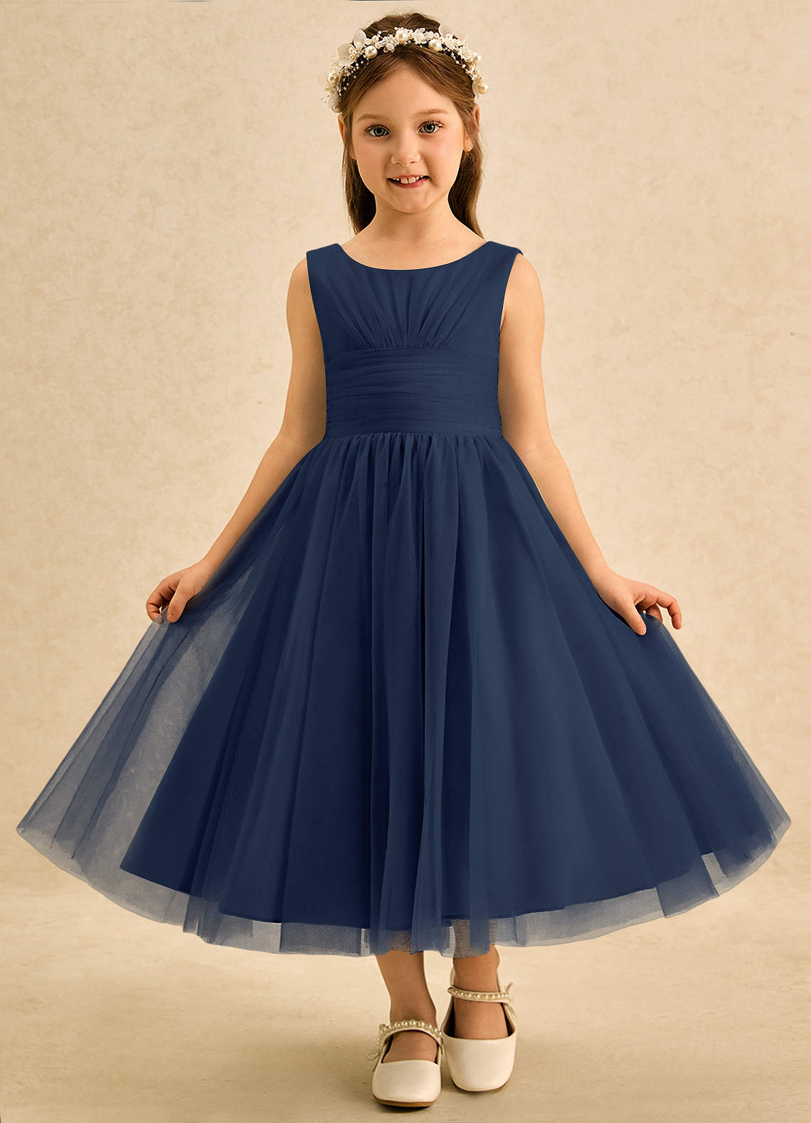 Azazie Macaron Blomsterpigekjoler A-Line Plisseret Tulle Te-længde Kjole image2