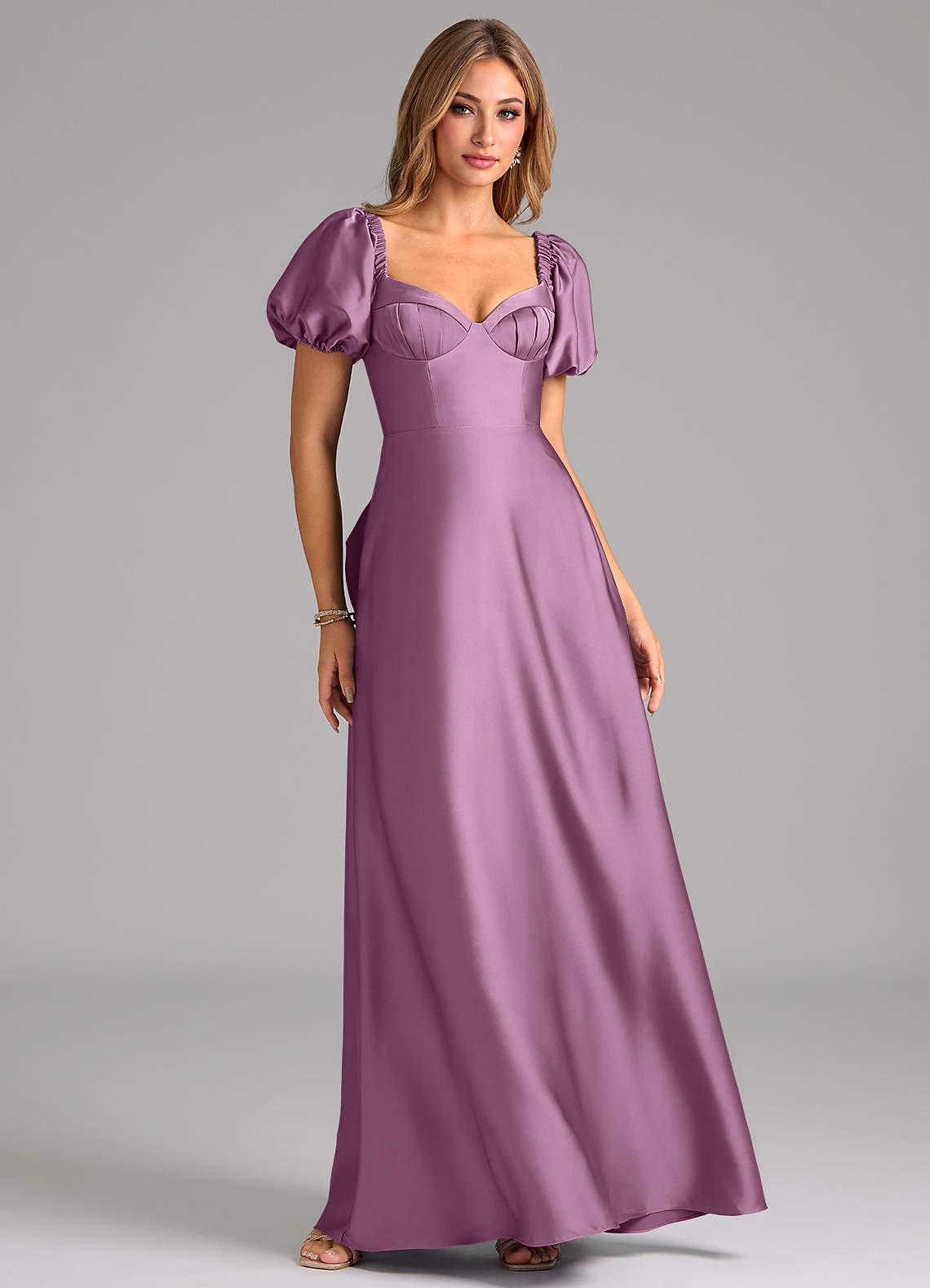 Azazie Fatima Bridesmaid Dresses Wisteria A-Line Pleated Stretch Satin Dress image1