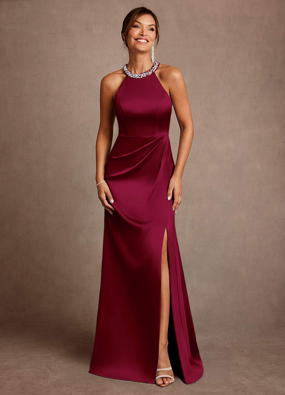 Azazie Lawrence Mother of the Bride Dresses Burgundy A-Line Pleated Stretch Satin Dress image1