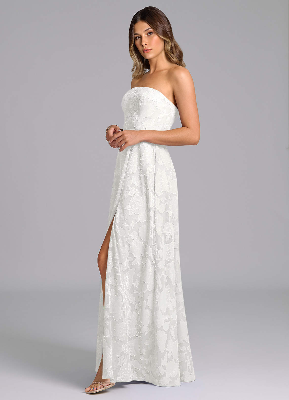 Azazie Wren Bridesmaid Dresses White A-Line Strapless Floral Burnout Dress image4