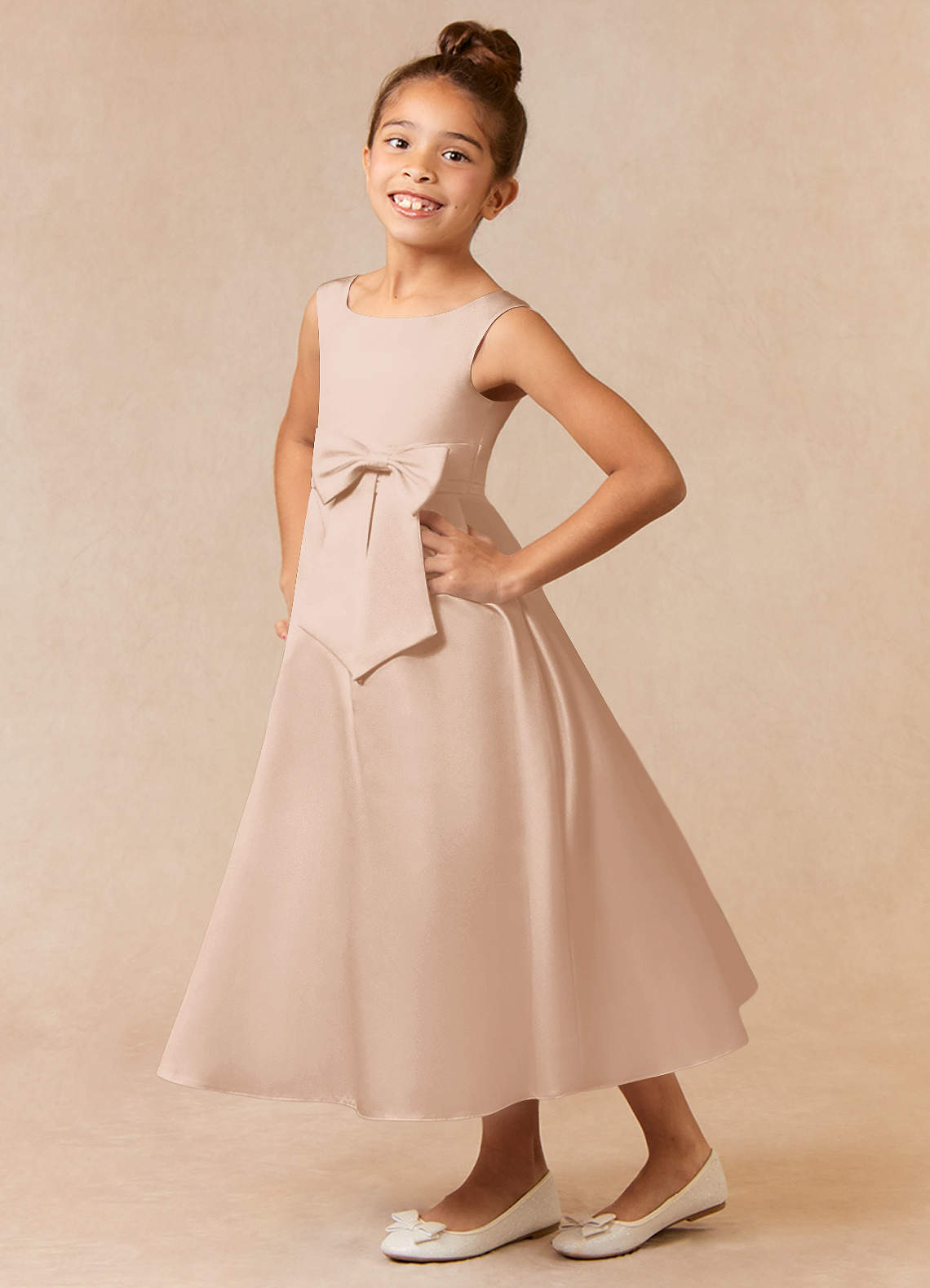 Azazie Lindy Flower Girl Dresses English Rose A-Line Pleated Matte Satin Dress image1