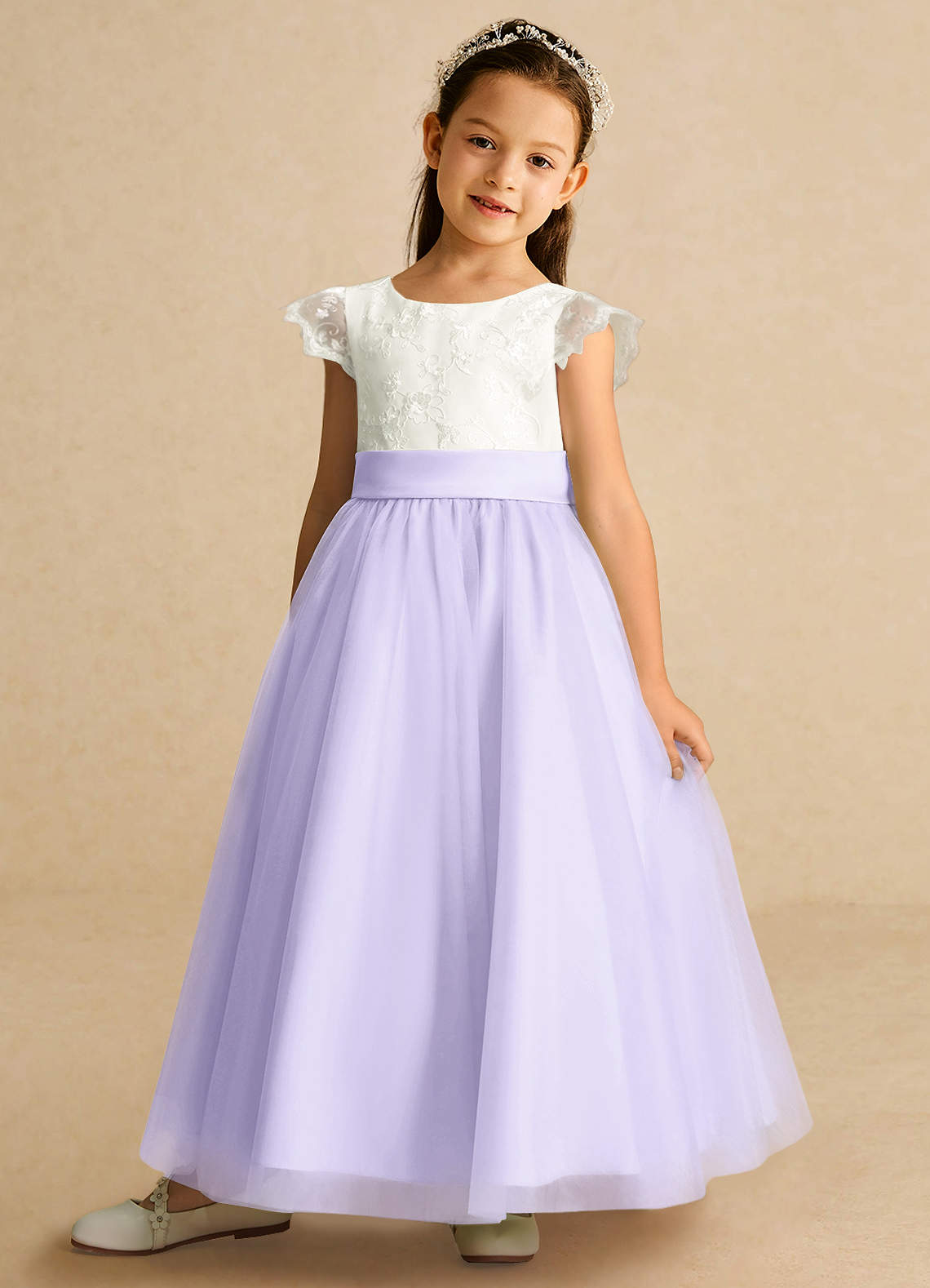 Azazie Pookie Blumenmädchenkleider A-Linie Spitze Tüll Kleid Flieder image1