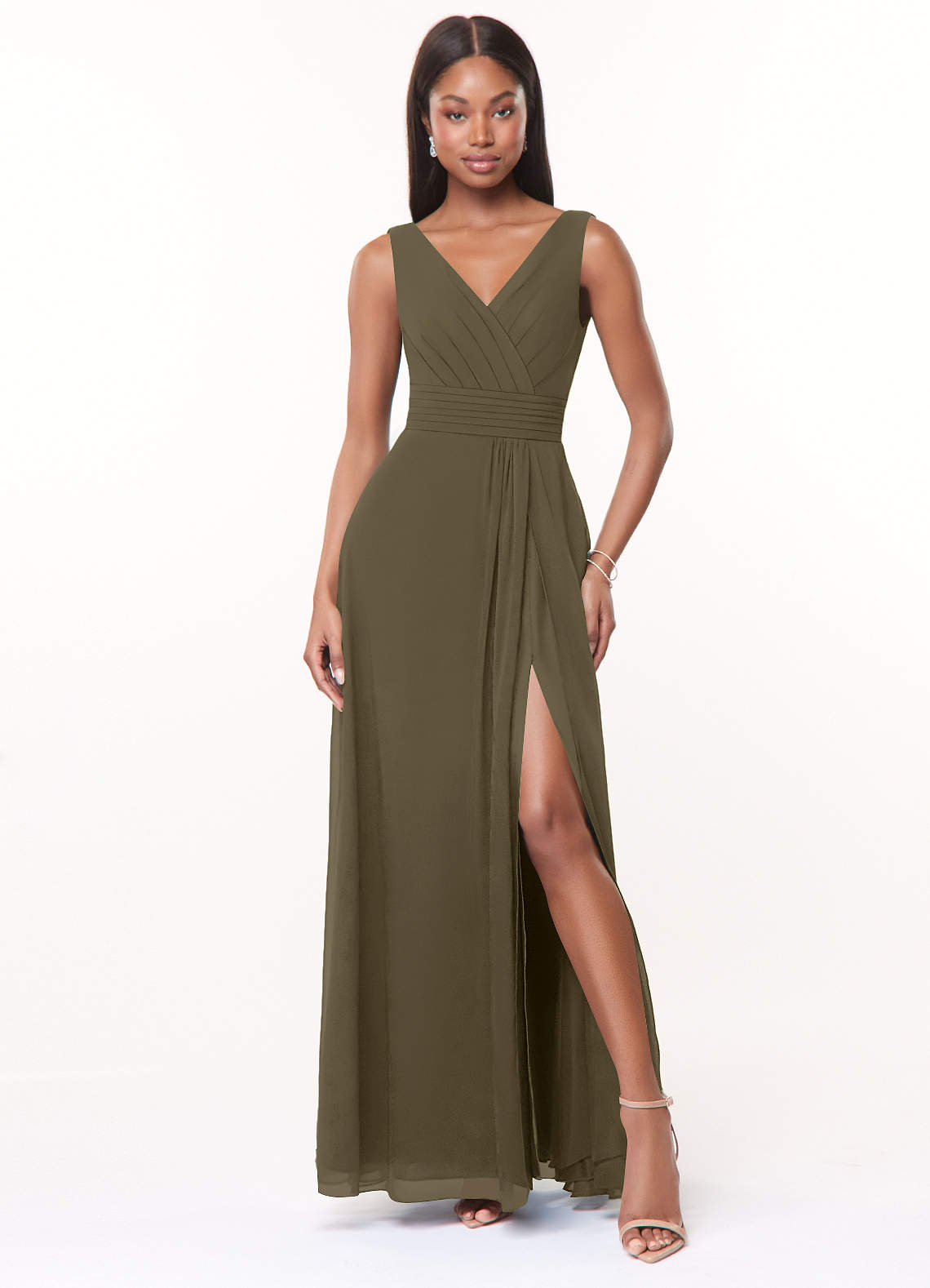 Azazie Karina Bridesmaid Dresses Willow Green A-Line Pleated Chiffon Dress image1