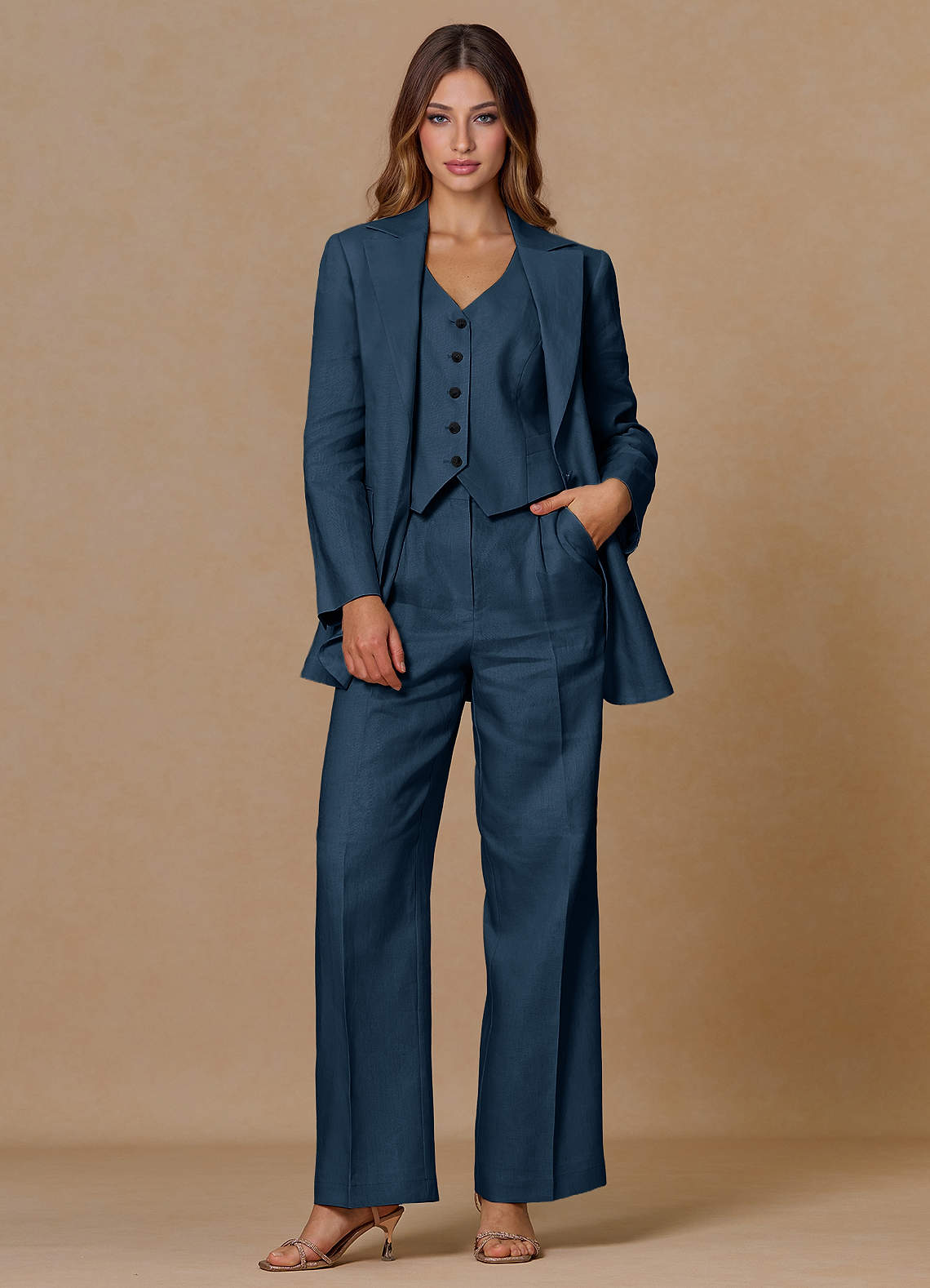 front Belicia Dark Navy 100% Linen 3-Piece Suit