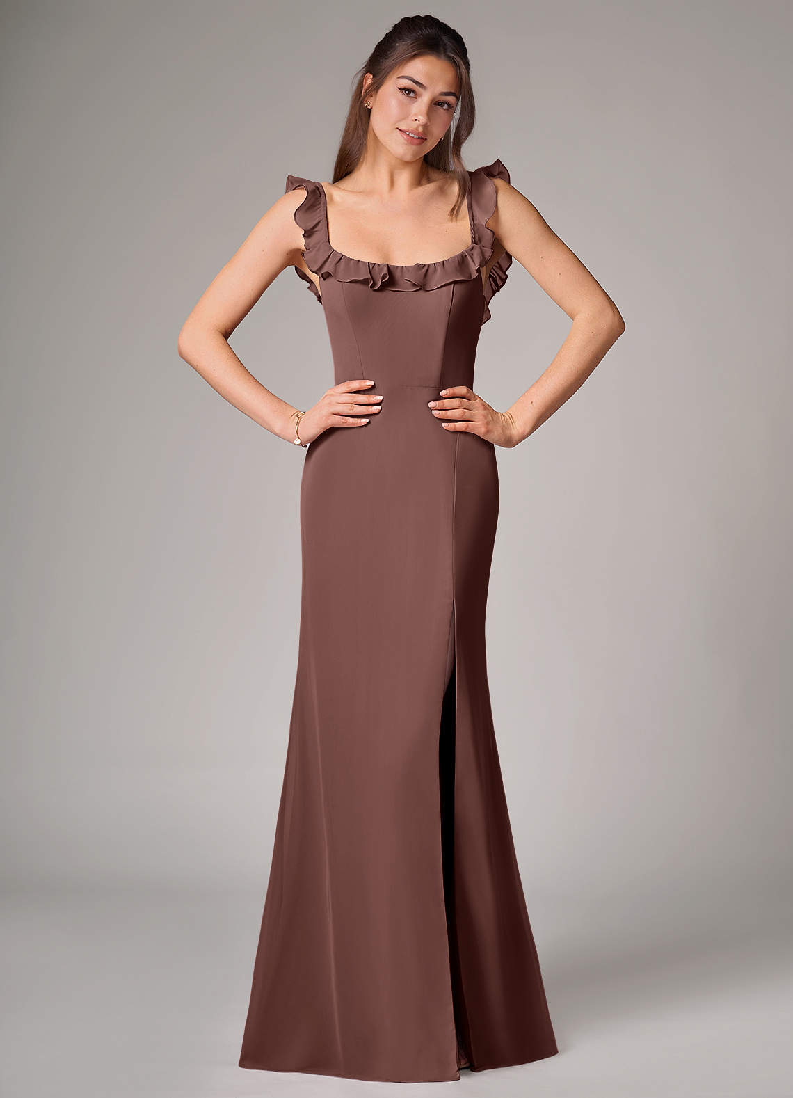 Azazie Callie Bridesmaid Dresses Espresso Mermaid Side Slit Chiffon Convertible Dress image1