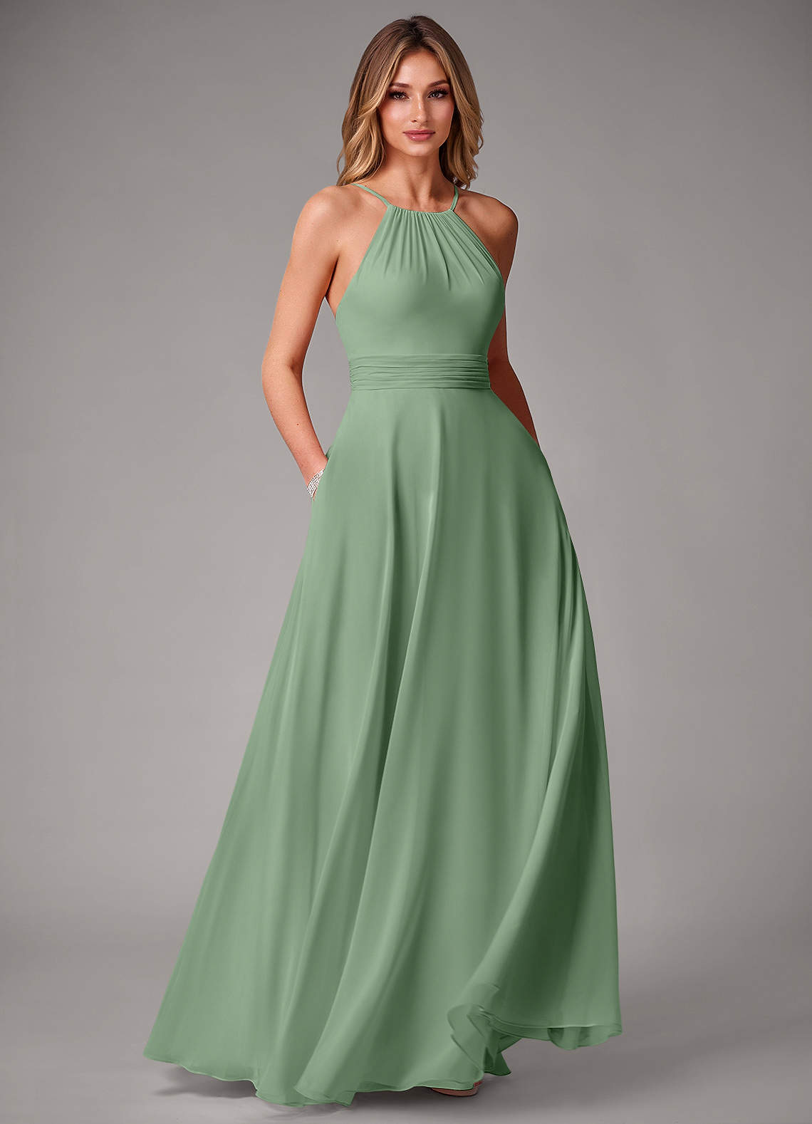 Azazie Amalia Robes de demoiselle d'honneur Robe Trapèze en Mousseline de soie Plissée Matcha image1
