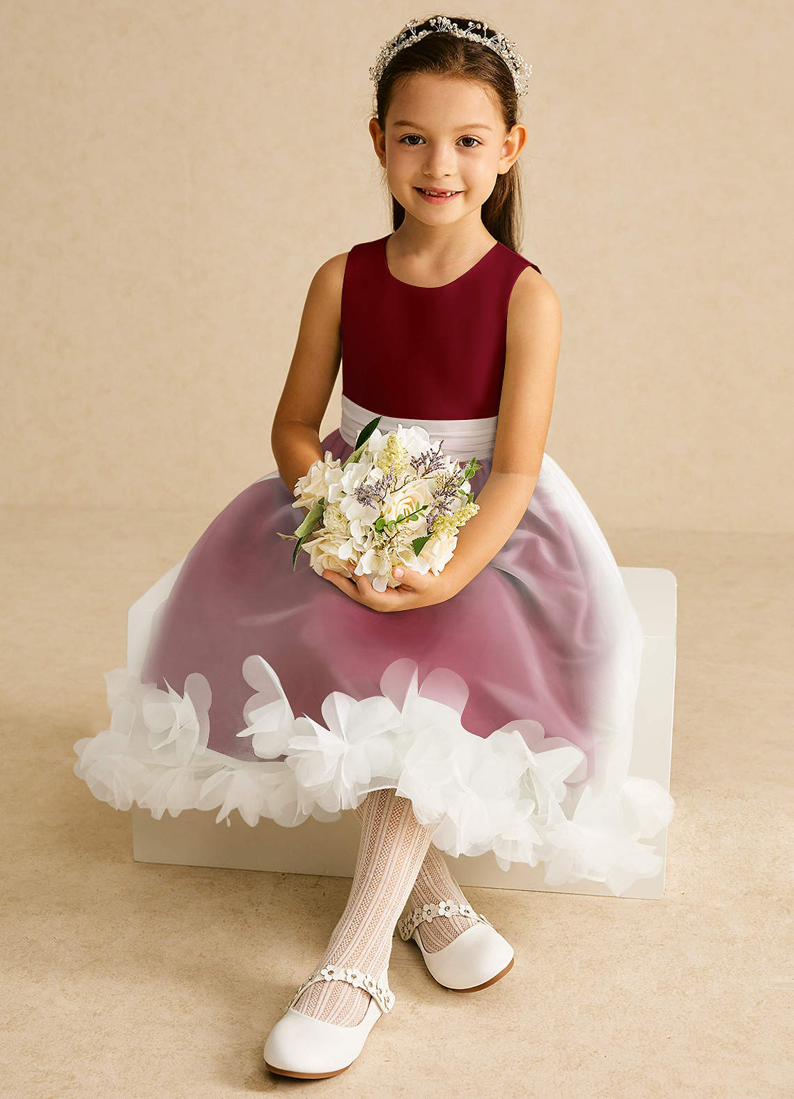 Azazie Stardust Flower Girl Dresses Burgundy A-Line Sleeveless Organza Dress image1