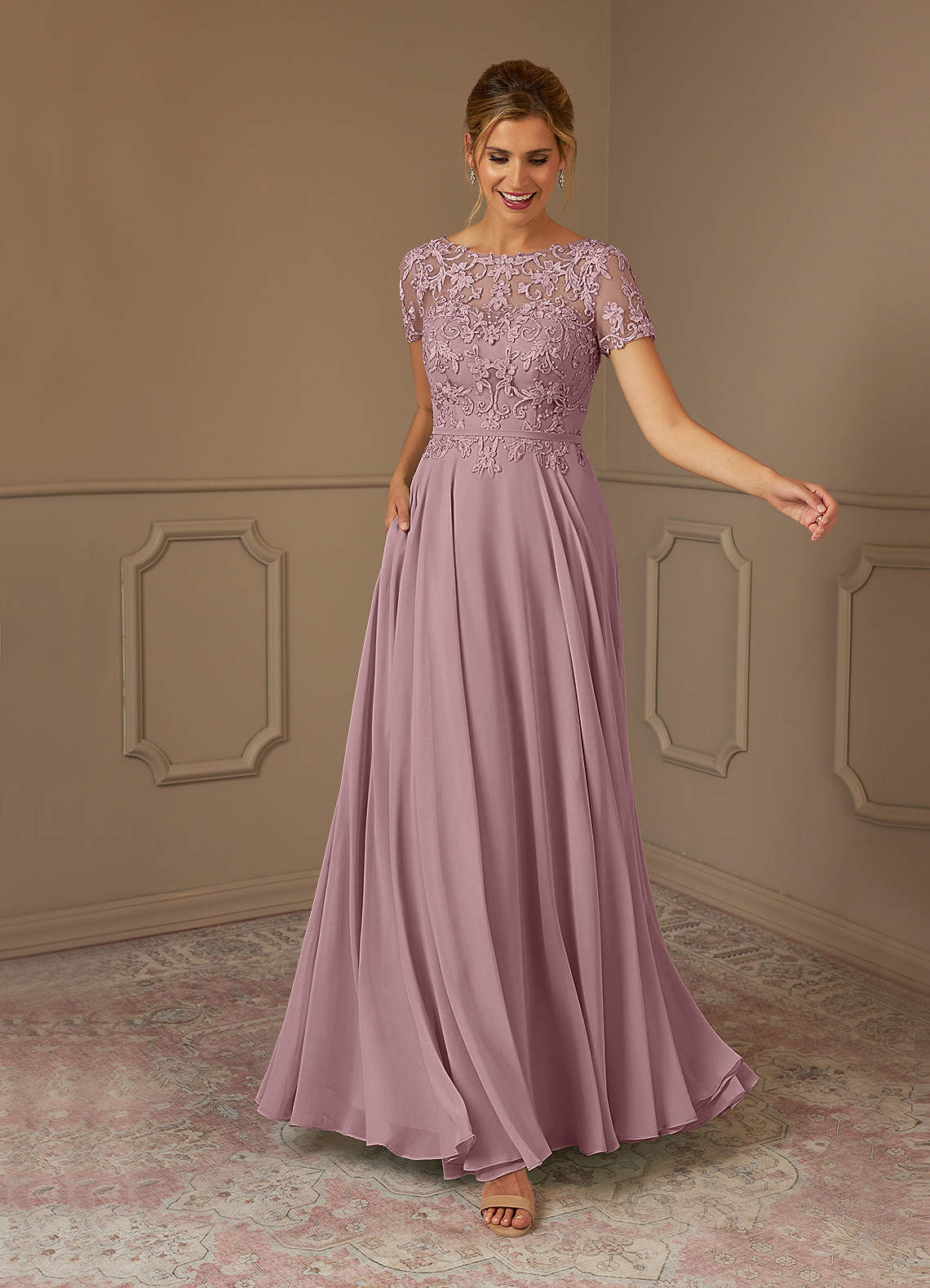 Azazie Adina Mother of the Bride Dresses Dusty Rose A-Line Boatneck Sequins Chiffon Dress image1