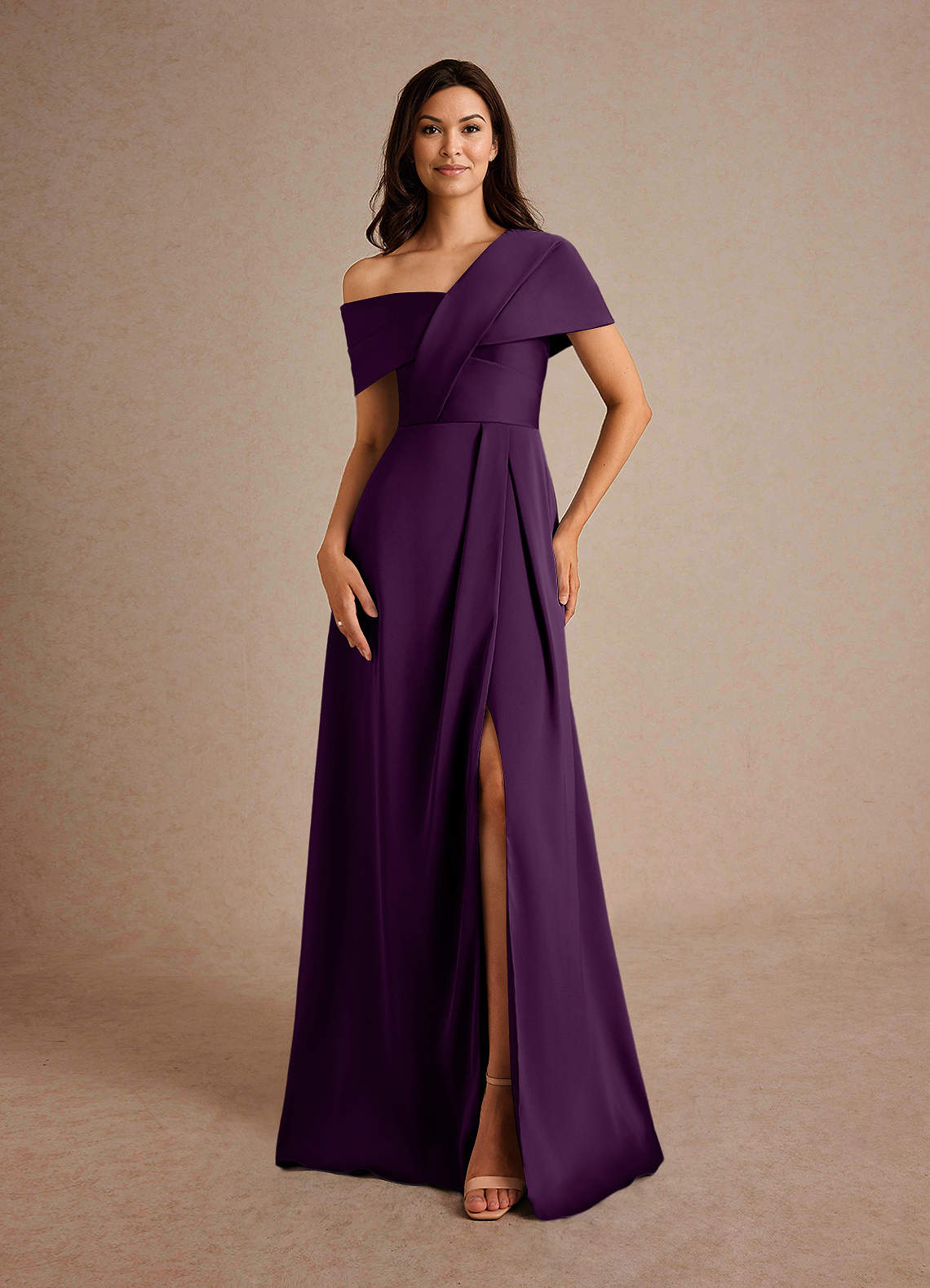 Azazie Milton Mother of the Bride Dresses Grape A-Line Pleated Stretch Satin Dress image4