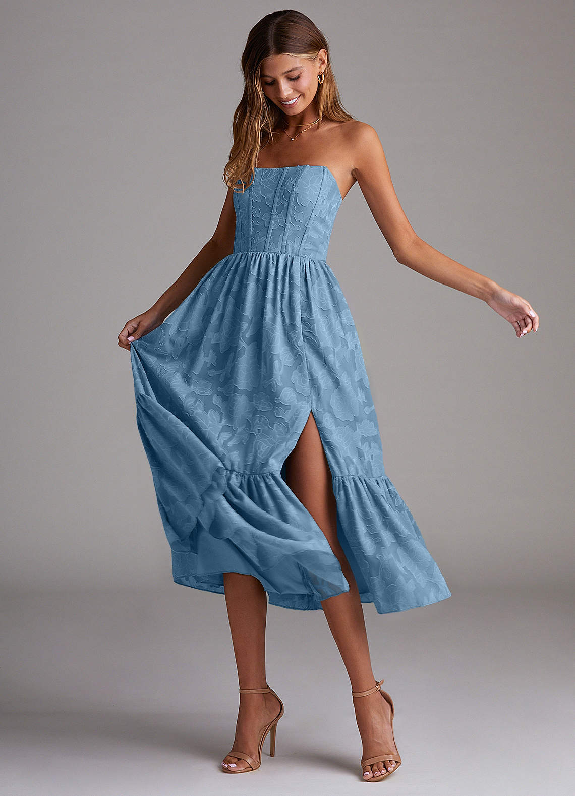 Azazie Delphina Bridesmaid Dresses Steel Blue A-Line Strapless Floral Burnout Convertible Dress image3