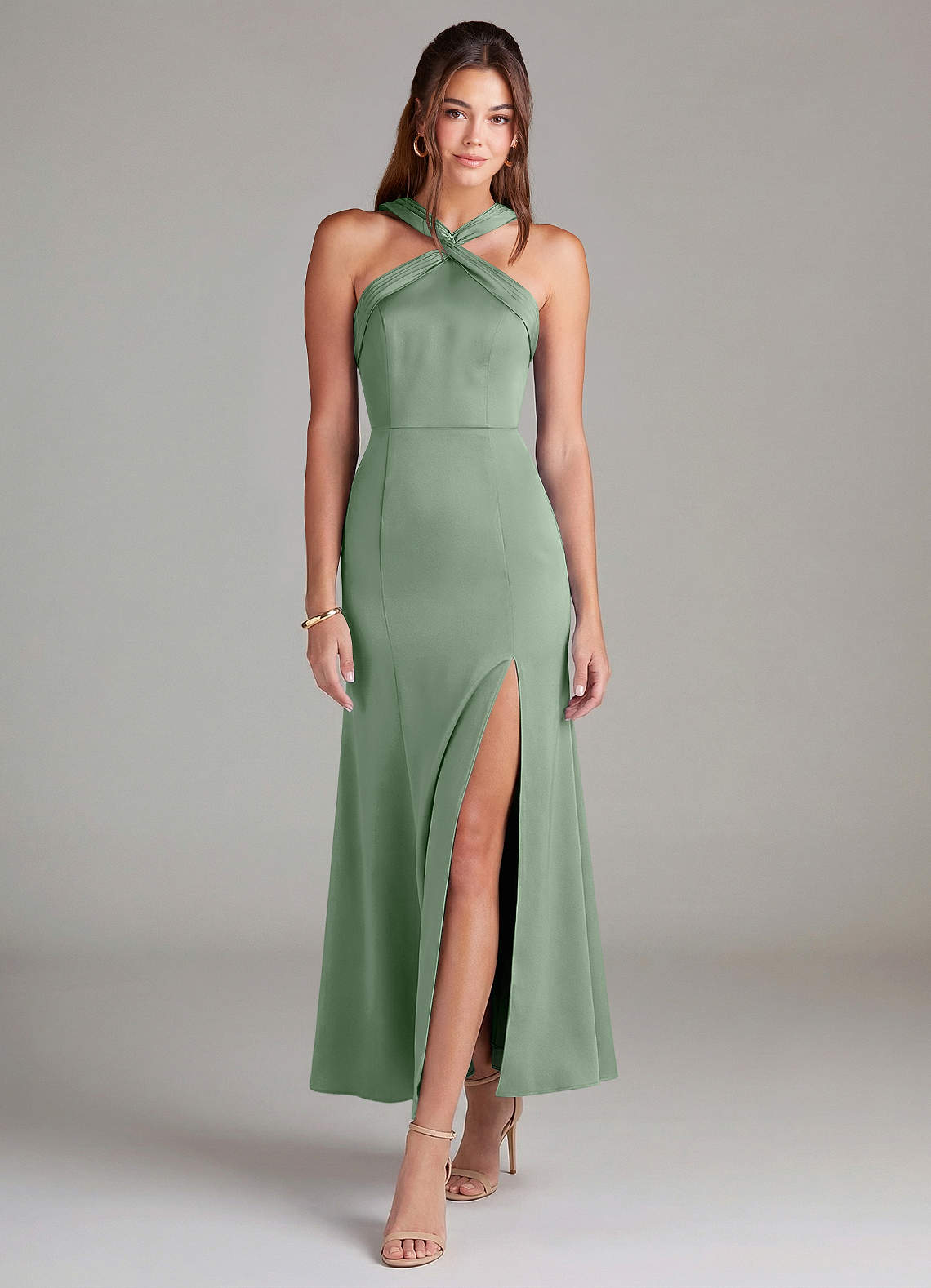 Azazie Rue Robes de demoiselle d'honneur Robe Sirène en Satin extensible Plissée Matcha image2