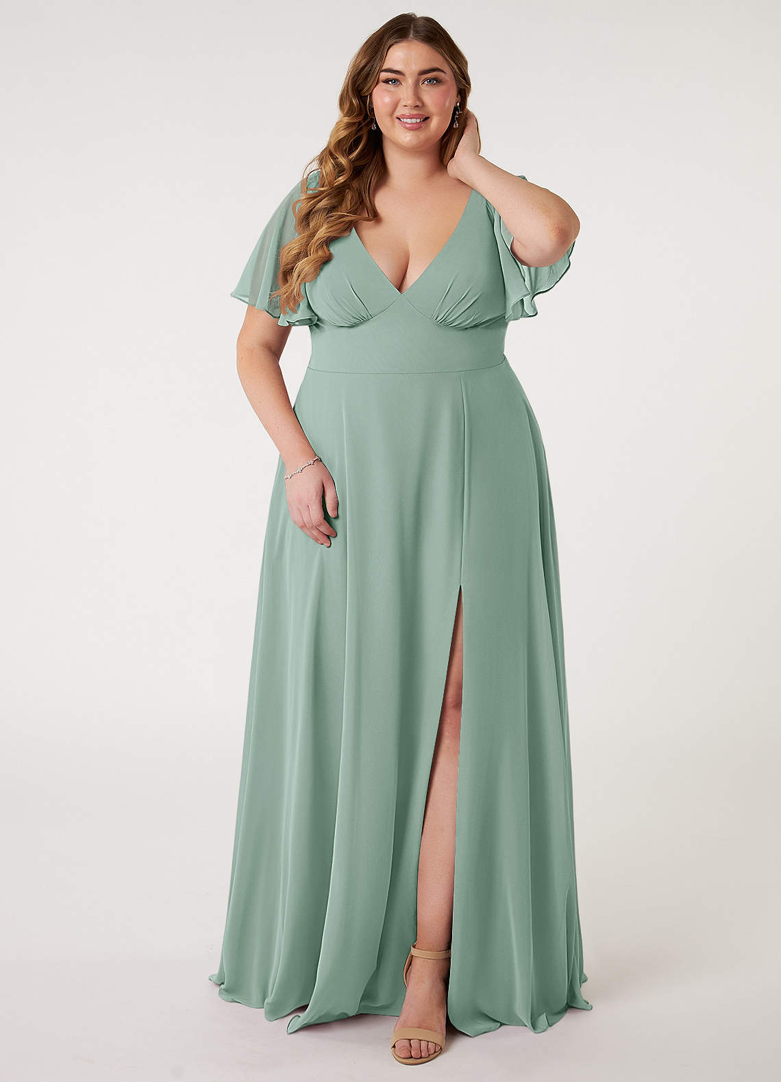 Azazie Kimber Bridesmaid Dresses Agave A-Line Flounce Sleeve Chiffon Dress image1