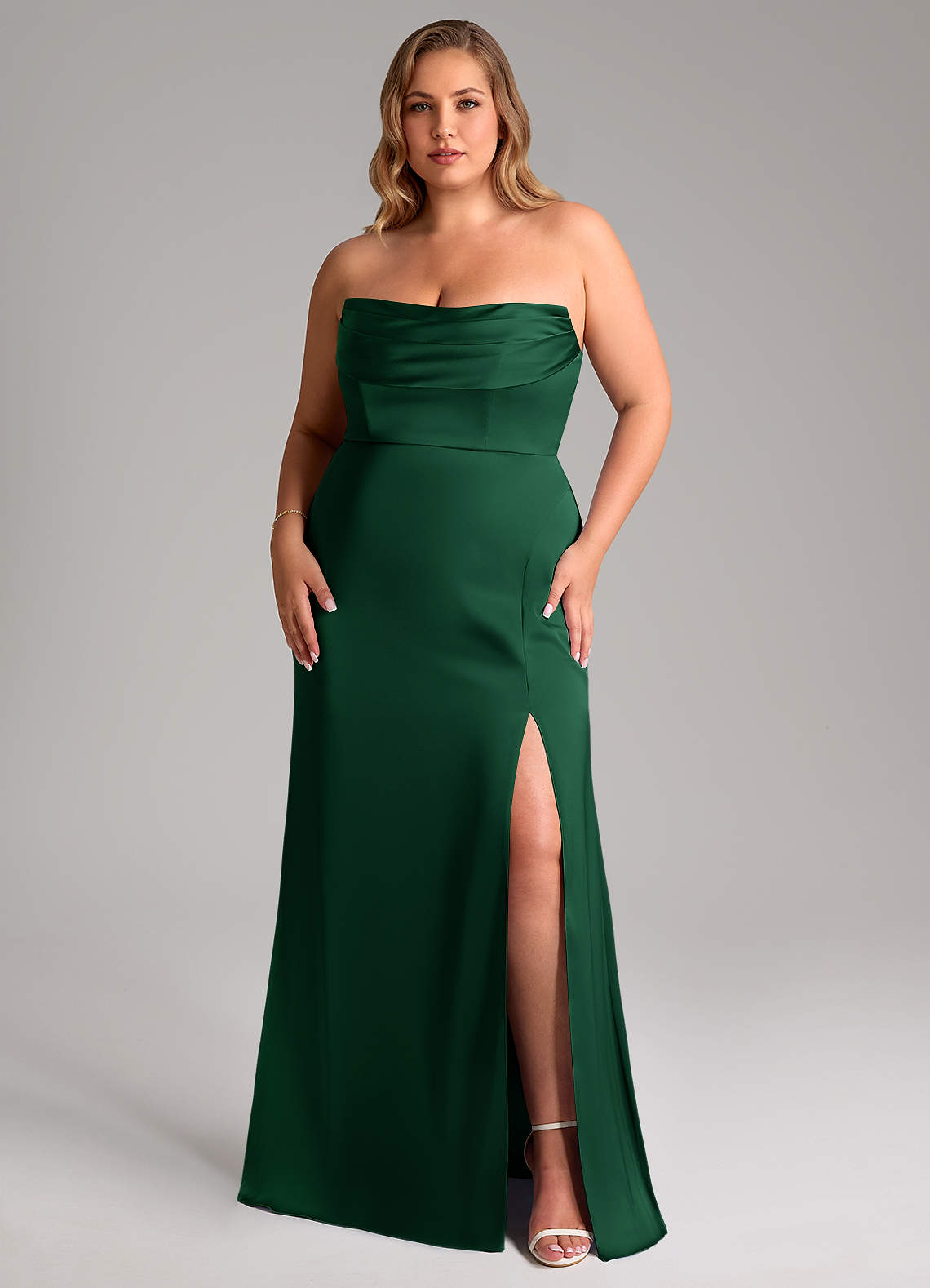 Azazie Saige Bridesmaid Dresses Dark Green Sheath Off the Shoulder Stretch Satin Dress image15