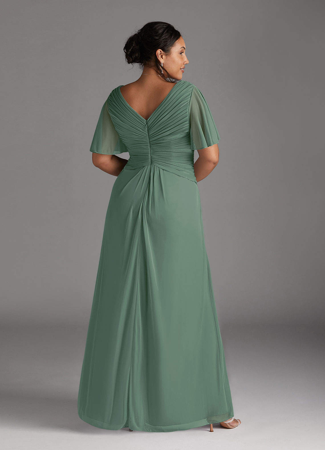 Azazie Emmeline Mother of the Bride Dresses Eucalyptus A-Line V-Neck Pleated Mesh Dress image7