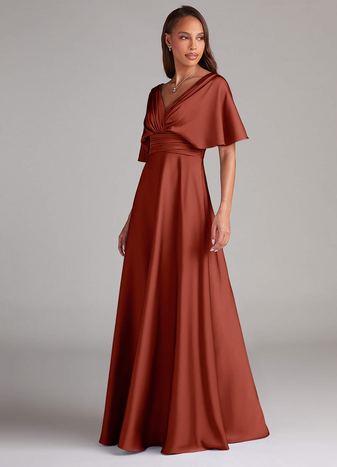 Azazie Pamela Robes de demoiselle d'honneur Robe Trapèze en Satin extensible Plissée Terracotta image3