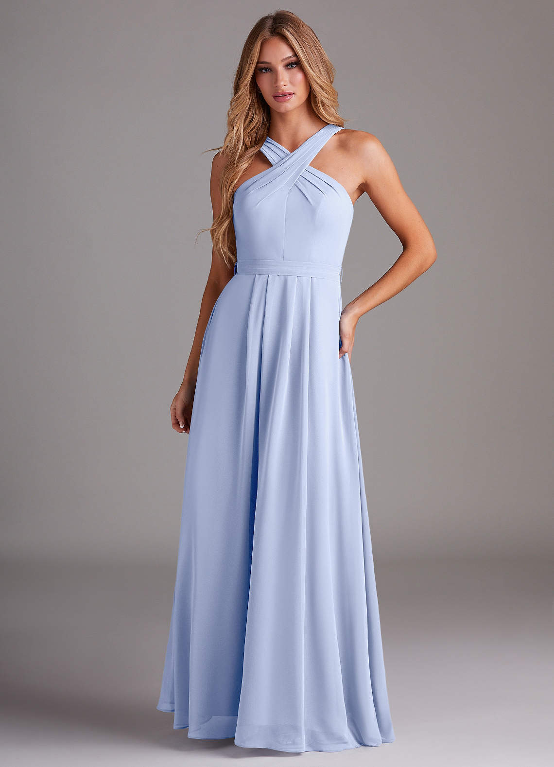Azazie Dixie Bridesmaid Dresses Ice A-Line Halter Pleated Chiffon Dress image1