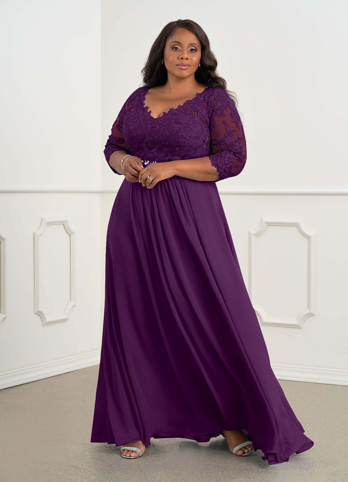 Azazie Hayek Mother of the Bride Dresses Grape A-Line V-Neck Lace Chiffon Dress image1