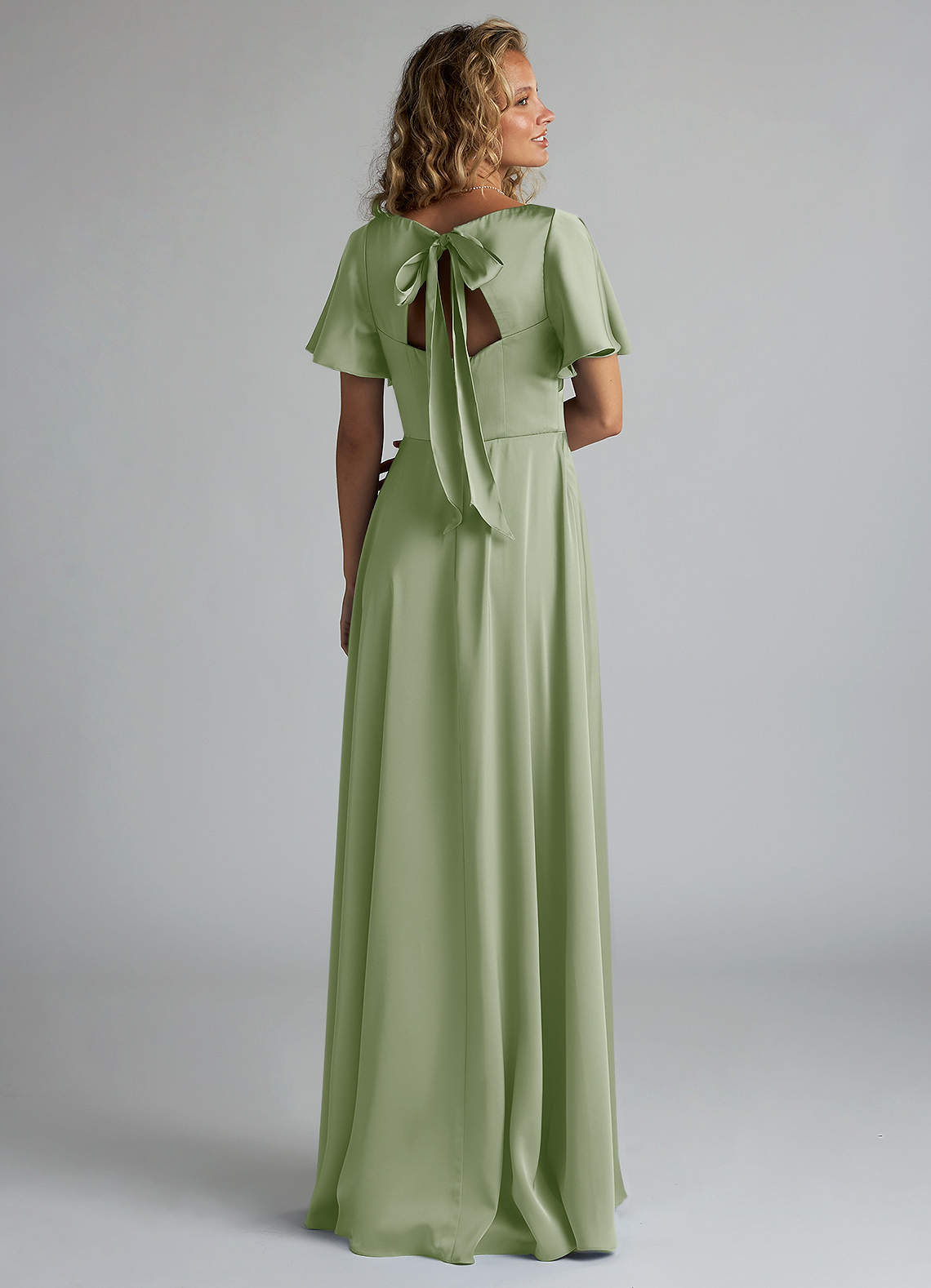 Azazie Kimber Bridesmaid Dresses Dusty Sage A-Line Ruched Stretch Satin Dress image1