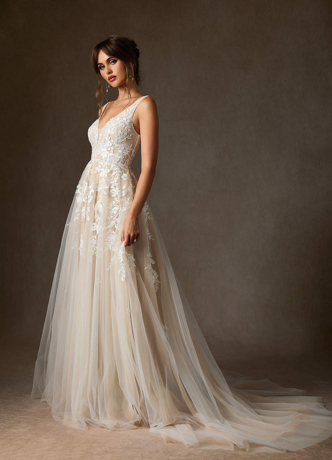 Azazie Sorella Wedding Dresses Diamond White Champagne A-Line V-Neck Sequins Tulle Dress image2
