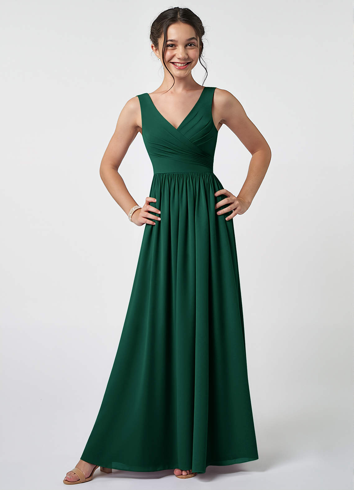 Azazie Keyla Junior Emerald A-Line Pleated Chiffon Dress image1