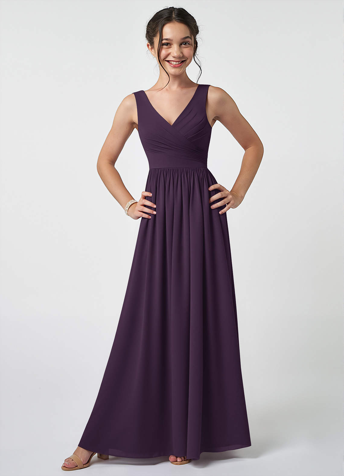 Azazie Keyla Junior A-Linie Plissee Chiffon Kleid Pflaume image1