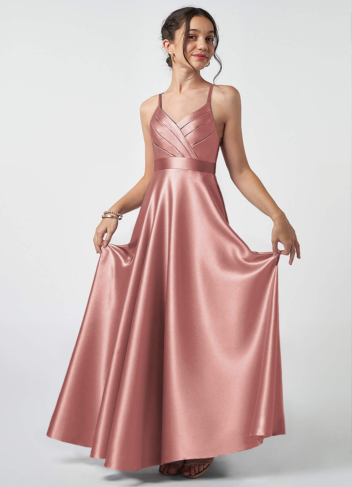 Azazie Avelina Junior Dusty Rose A-Line Pleated Metallic Satin Dress image1