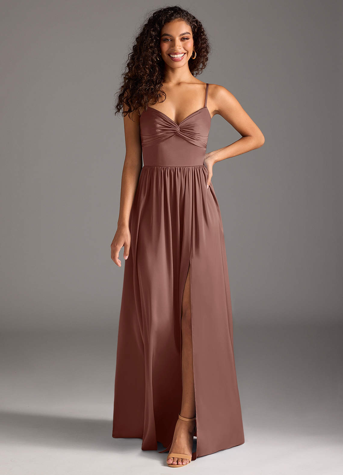 Azazie Zeya Vestidos de madrinha de casamento Vestir Café Expresso de Cetim elástico de Linha A com Plissado image7