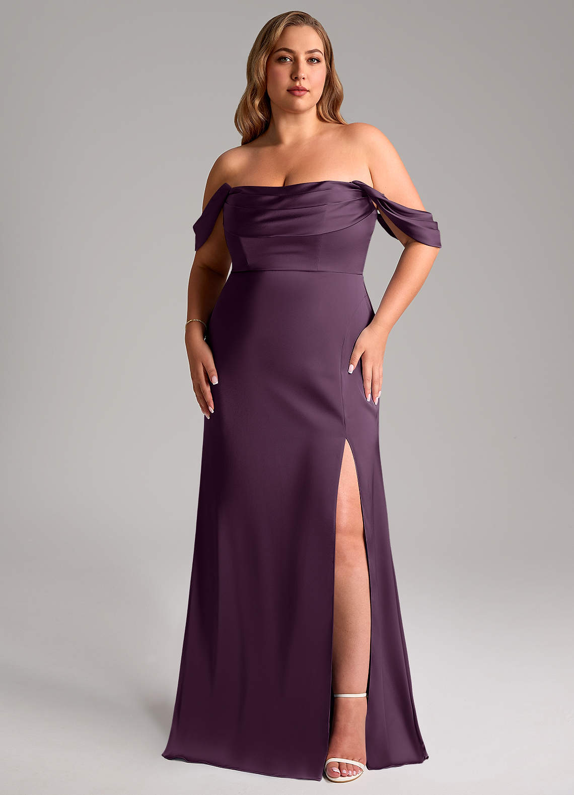 Azazie Saige Bridesmaid Dresses Plum Sheath Off the Shoulder Stretch Satin Dress image1